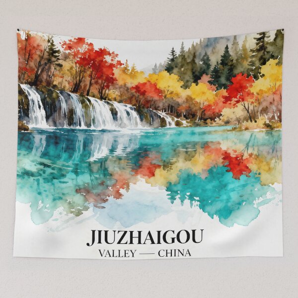 Item preview, Colorful Jiuzhaigou Valley Watercolor Fall Landscape designed and sold by drchzak.