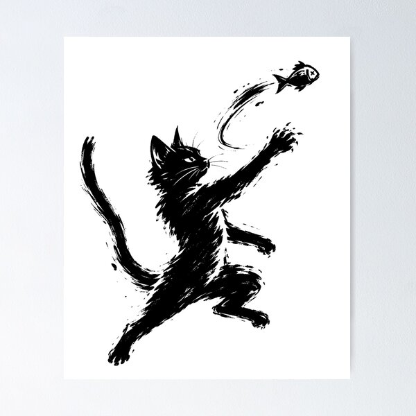 Item preview, Black Cat Chasing Fish designed and sold by ChocoMellowCo.