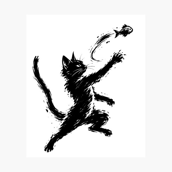 Item preview, Black Cat Chasing Fish designed and sold by ChocoMellowCo.