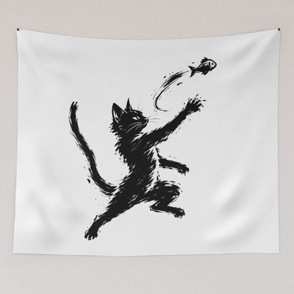 Item preview, Black Cat Chasing Fish designed and sold by ChocoMellowCo.