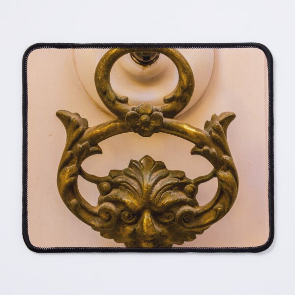 Item preview, Antique Brass Door Knocker With Ornate Green Man Face on Cream Wooden Door Vintage Decorative Hardware designed and sold by Nmallia.