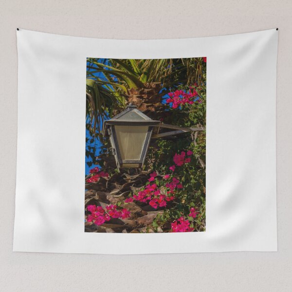 Item preview, Vintage Lantern and Pink Bougainvillea Climbing a Palm Tree in a Sunny Tropical Garden designed and sold by Nmallia.