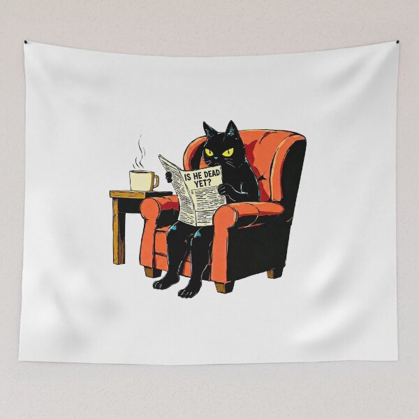 Item preview, Is He Dead Yet Black Cat Dark Humor Coffee Meme designed and sold by LunaMagicStudio.
