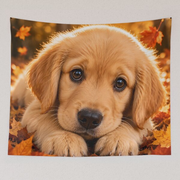 Item preview, Golden Retriever Puppy in Autumn Leaves | Cute Dog Art Print designed and sold by ManJiangHong.