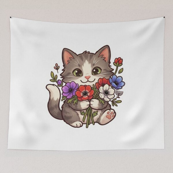Item preview, Cute Cat With Flowers Illustration – Adorable Kawaii Kitten Floral Design designed and sold by PrintforDesign.