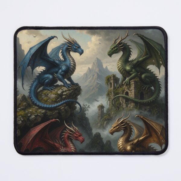 Item preview, Four Colorful Dragons Fantasy Mountain Scene designed and sold by Pioneer Spirit Market.