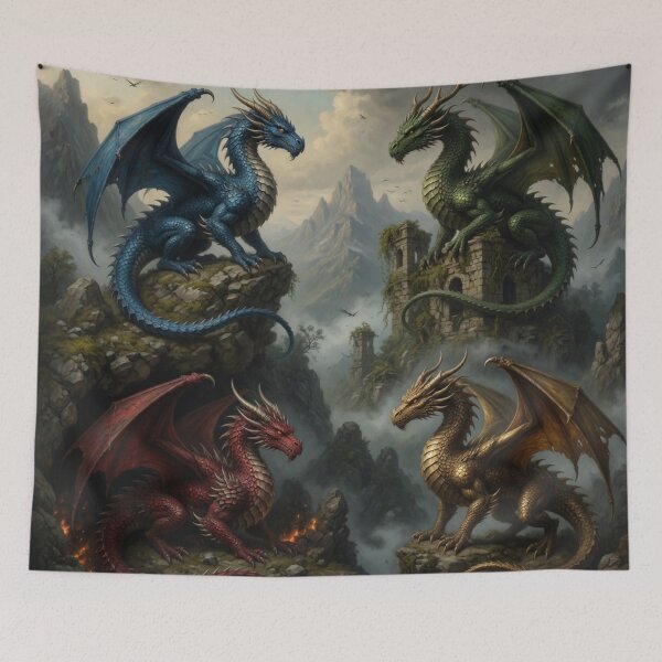 Item preview, Four Colorful Dragons Fantasy Mountain Scene designed and sold by Pioneer Spirit Market.