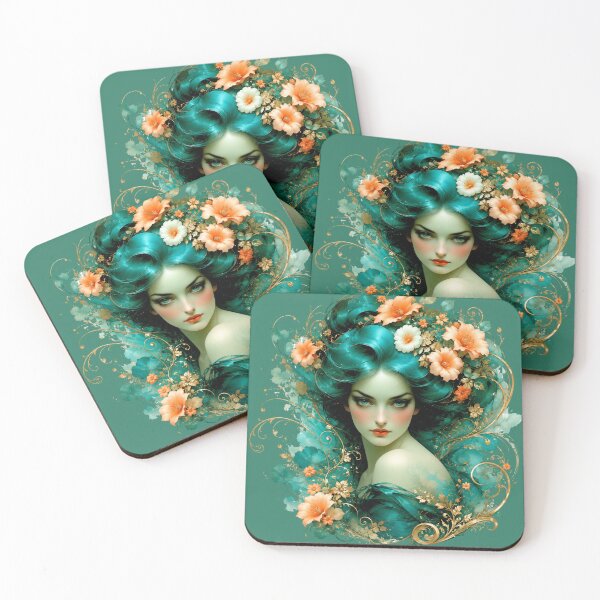 Item preview, Emerald Hair Nouveau Goddess - Peach Floral Fantasy Art designed and sold by KrzysztofART.
