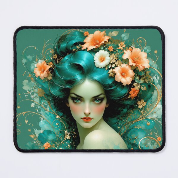 Item preview, Emerald Hair Nouveau Goddess - Peach Floral Fantasy Art designed and sold by KrzysztofART.