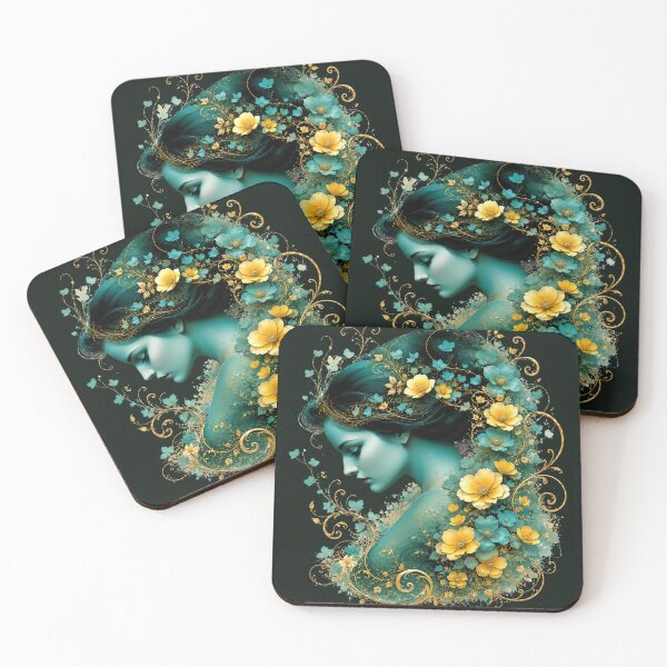 Item preview, Teal Emerald Goddess Nouveau - Gold Yellow Floral Profile designed and sold by KrzysztofART.