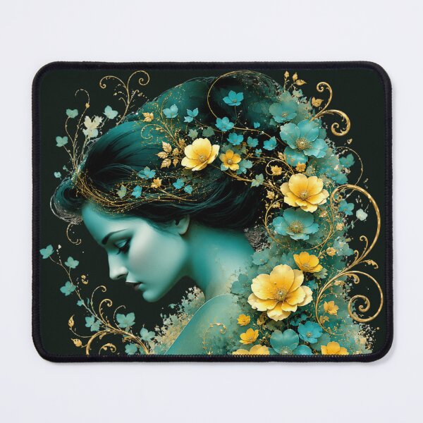 Item preview, Teal Emerald Goddess Nouveau - Gold Yellow Floral Profile designed and sold by KrzysztofART.