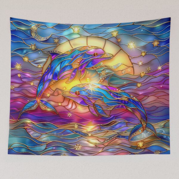 Item preview,  Colorful Dolphins Stained Glass Art | Celestial Ocean Fantasy designed and sold by MargaretWiktor.