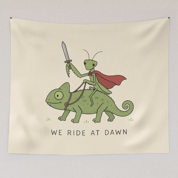 Item preview, "We Ride at Dawn" Praying Mantis Riding a Chameleon Cute Fantasy Design designed and sold by pixiedustpaint.
