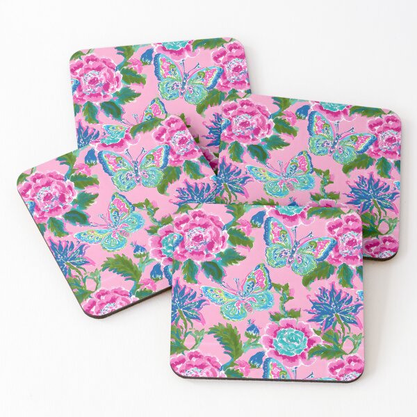 Item preview, Preppy flowers and butterflies in pink, green and turquoise designed and sold by SophieClimaArt.