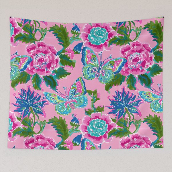Item preview, Preppy flowers and butterflies in pink, green and turquoise designed and sold by SophieClimaArt.