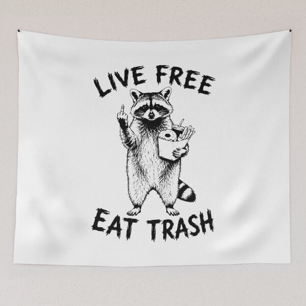 Item preview, Live Free Eat Trash Raccoon Ironic Meme Funny Black Print Graphic designed and sold by ShirtRemarks.