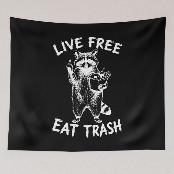 Item preview, Live Free Eat Trash Raccoon Ironic Meme Funny White Print Graphic designed and sold by ShirtRemarks.