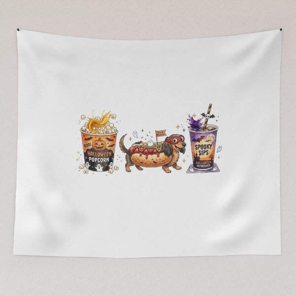 Item preview, Cute Halloween Dachshund Hot Dog Watercolor Illustration – Spooky Popcorn and Soda Fast Food Combo designed and sold by VibranPalette.
