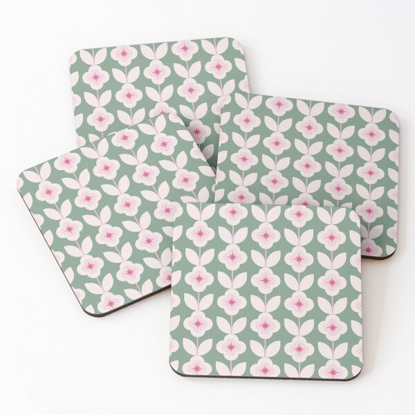 Item preview, Green and Pink Star Flowers Vintage Style Pattern designed and sold by winterpumpkin.