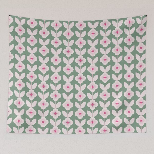 Item preview, Green and Pink Star Flowers Vintage Style Pattern designed and sold by winterpumpkin.
