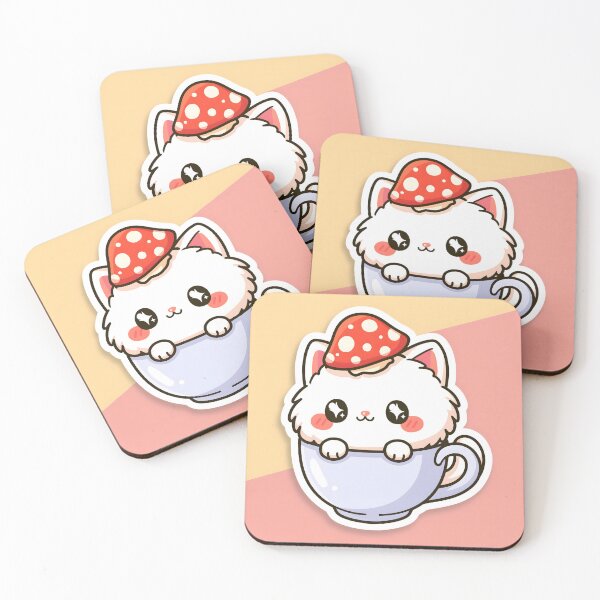 Artikelvorschau, Aufkleber mit flauschiger Kawaii-Katze in der Teetasse mit Pilzhut entworfen und verkauft von Mirage-Ink.