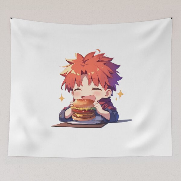 Item preview, Shirou Emiya Fate Stay Night Anime Kawaii Chibi Burger Red Hero Cheerful designed and sold by earlobejerk.