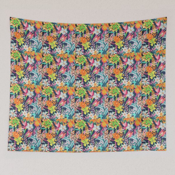 Item preview, Neon Tropic Bloom: Electric Floral Botanical Pattern on Navy designed and sold by LiveLearnCreate.