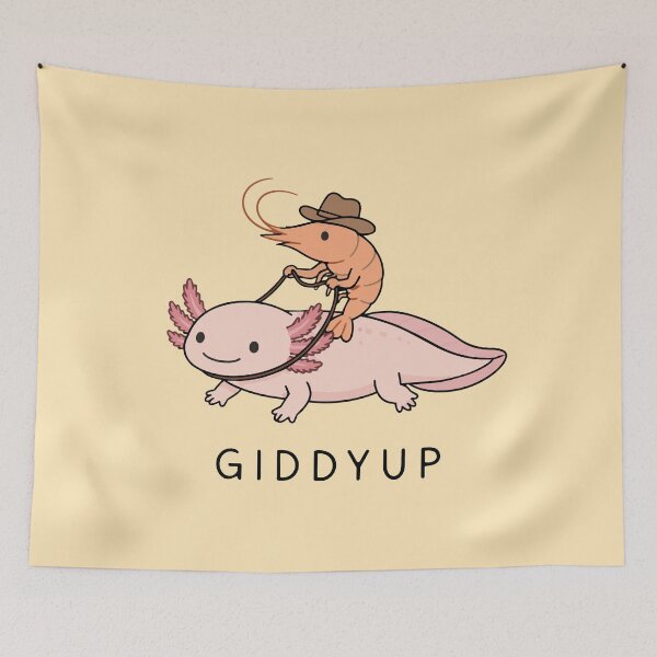Item preview, "GIDDYUP" Rootin' Tootin' Shrimp Cowboy Riding an Axolotl designed and sold by pixiedustpaint.