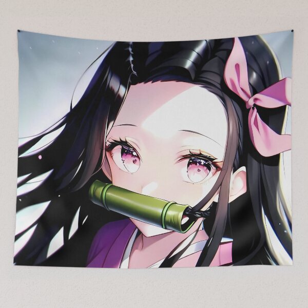 Item preview, Nezuko Kamado Demon Slayer Pink Kimono Bamboo Sparkle Portrait designed and sold by PMartistStudio.