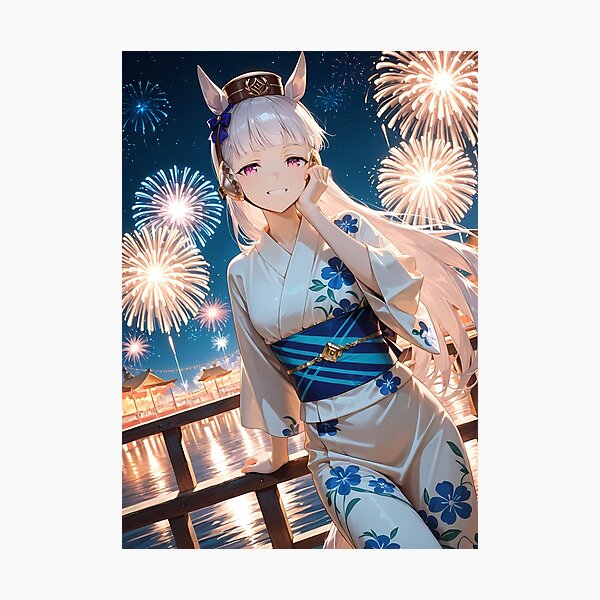 Item preview, Gold Ship Uma Musume Pretty Derby Blue Floral Yukata Fireworks designed and sold by MicaheHaffner.