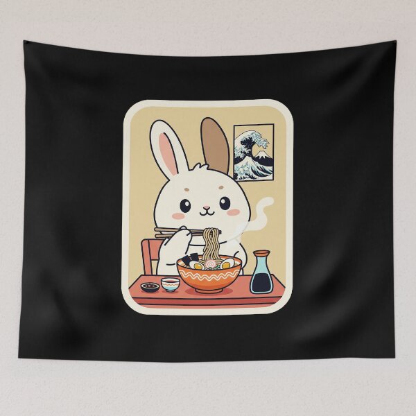 Item preview, Cute Bunny Eating Ramen in a Cozy Kawaii Noodle Corner designed and sold by JordynLadukeg65.