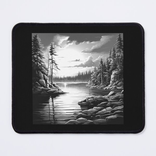 Item preview, Black and White Forest Lake Landscape designed and sold by inkoutninja.
