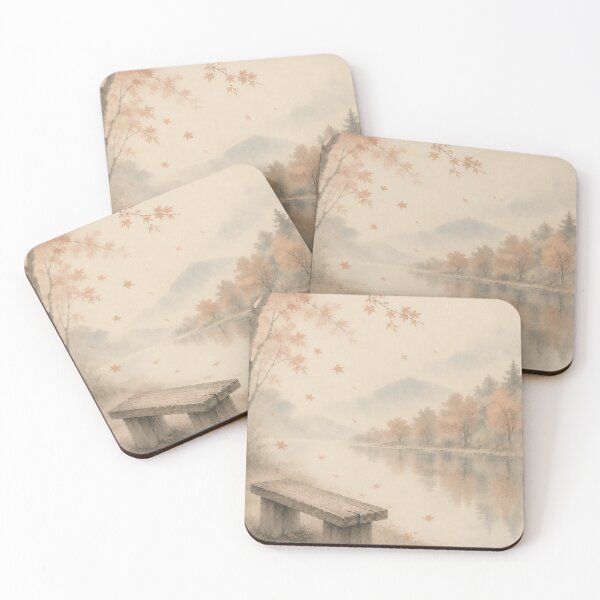 Item preview, Wooden Bench and Falling Leaves | Autumn Japandi Art designed and sold by SereniBloom.