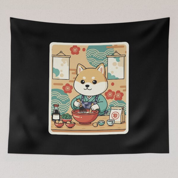 Item preview, Shiba Inu Chef Mixing Noodles in Cozy Japanese Kitchen designed and sold by JordynLadukeg65.