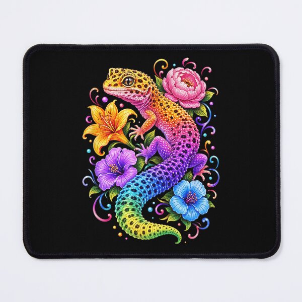 Item preview, Colorful Rainbow Leopard Gecko Floral Illustration With Tropical Hibiscus And Peony Flowers designed and sold by NgumohaLanke.