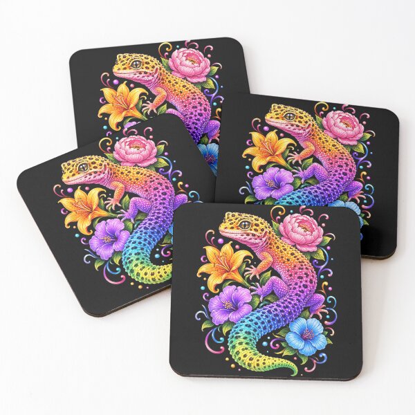 Item preview, Colorful Rainbow Leopard Gecko Floral Illustration With Tropical Hibiscus And Peony Flowers designed and sold by NgumohaLanke.