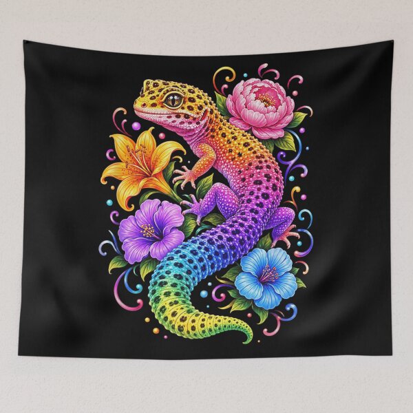 Item preview, Colorful Rainbow Leopard Gecko Floral Illustration With Tropical Hibiscus And Peony Flowers designed and sold by NgumohaLanke.