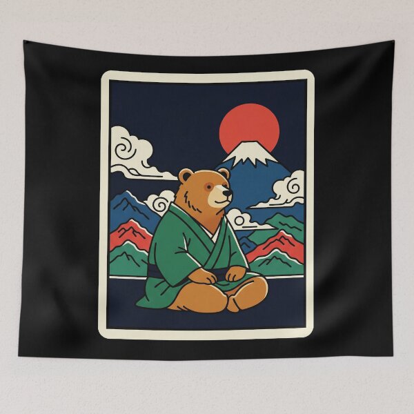 Item preview, Peaceful Bear Monk Beneath Mountain Sunrise in Retro Nature designed and sold by JordynLadukeg65.