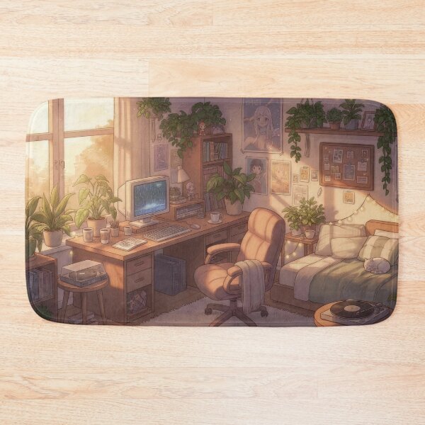 Item preview, Cozy Lofi Anime Desk & Bedroom with Sleeping Cat and Vinyl designed and sold by rangsan-thai.