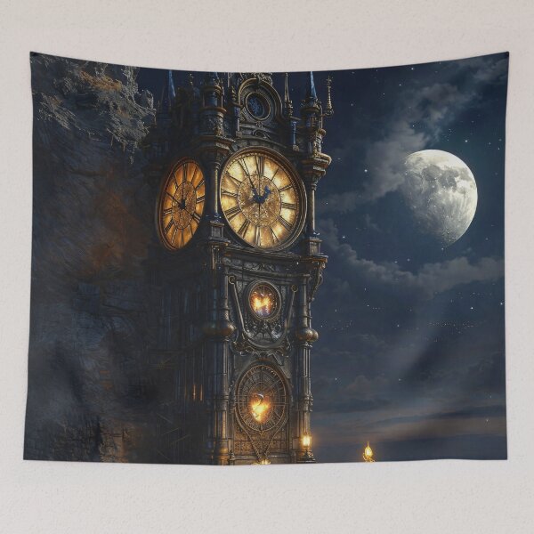 Item preview, Gothic Clock Tower Under Moonlight – Fantasy Steampunk Night Print designed and sold by Kaleidoscope Print.