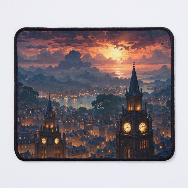 Item preview, Fantasy Clock Tower City at Sunset – Magical Gothic Skyline Print designed and sold by Kaleidoscope Print.