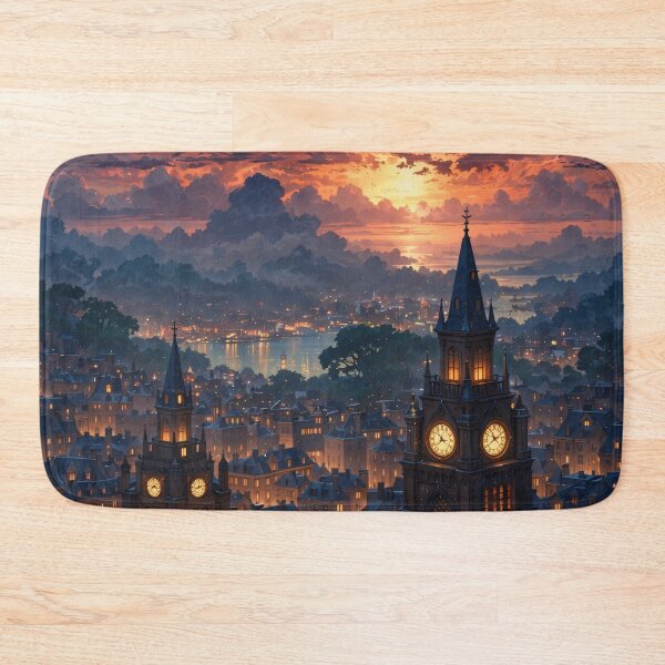 Item preview, Fantasy Clock Tower City at Sunset – Magical Gothic Skyline Print designed and sold by Kaleidoscope Print.