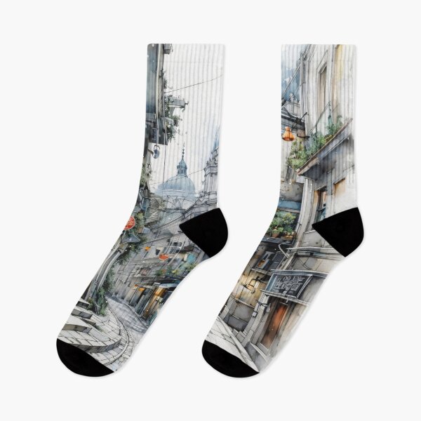 Item preview, Watercolor European Street Scene – Romantic Old Town Architecture Print designed and sold by Kaleidoscope Print.