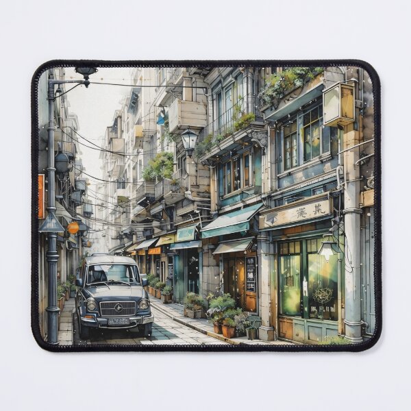 Item preview, Watercolor Urban Street Scene – Cozy Old Town Shops and Vintage Van Print designed and sold by Kaleidoscope Print.