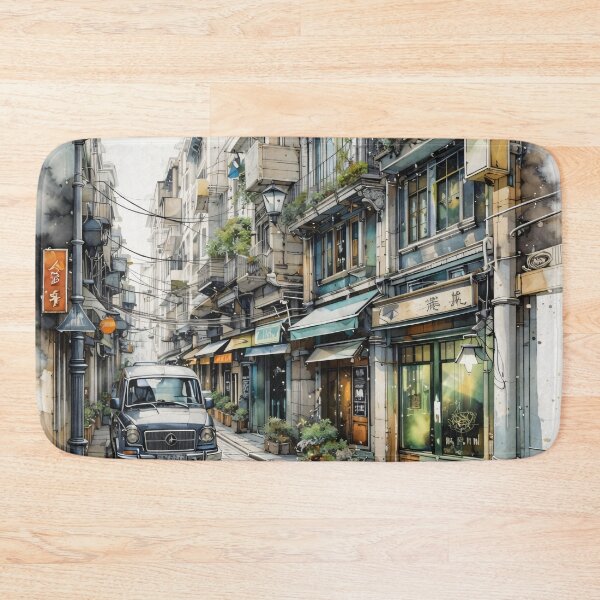 Item preview, Watercolor Urban Street Scene – Cozy Old Town Shops and Vintage Van Print designed and sold by Kaleidoscope Print.