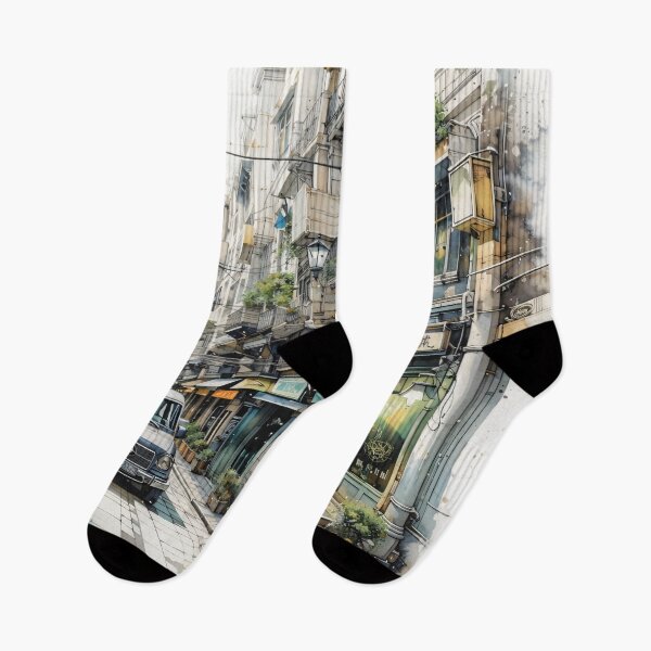 Item preview, Watercolor Urban Street Scene – Cozy Old Town Shops and Vintage Van Print designed and sold by Kaleidoscope Print.