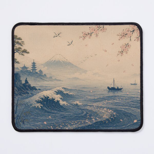 Item preview, Japanese Serenity Poster - Moonlit Fuji with Cherry Blossoms, Temple & Koi, Wabi Sabi Ukiyo-e Wall Art Print designed and sold by Wa-iro Studio.