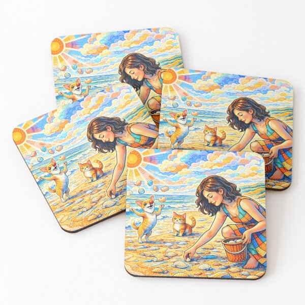 Item preview, Girl Collecting Shells with Cat and Juggling Dog designed and sold by M-Y-A-R-T-.