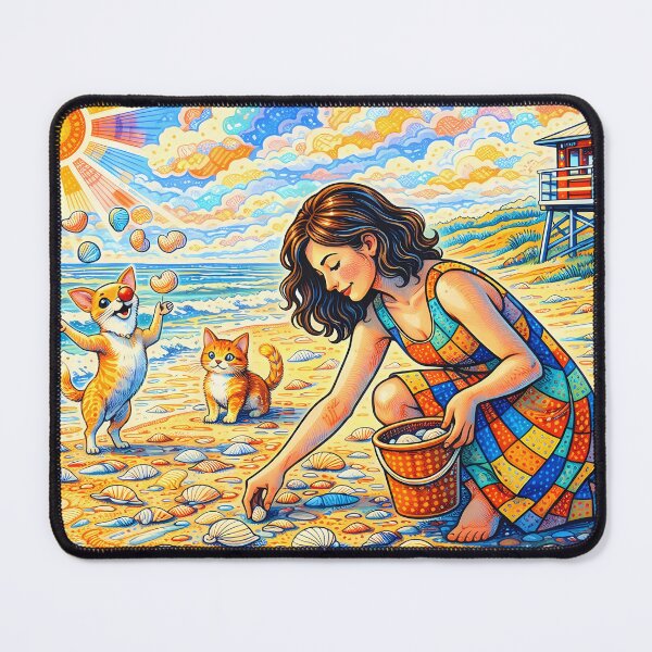 Item preview, Girl Collecting Shells with Cat and Juggling Dog designed and sold by M-Y-A-R-T-.