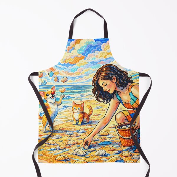 Item preview, Girl Collecting Shells with Cat and Juggling Dog designed and sold by M-Y-A-R-T-.